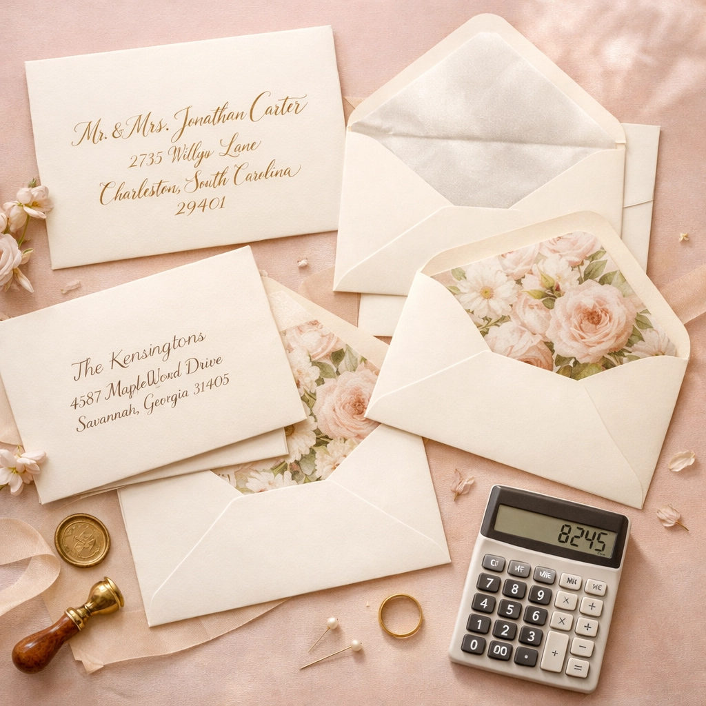 Multiple wedding envelopes with calculator showing costly RSVP stationery expenses