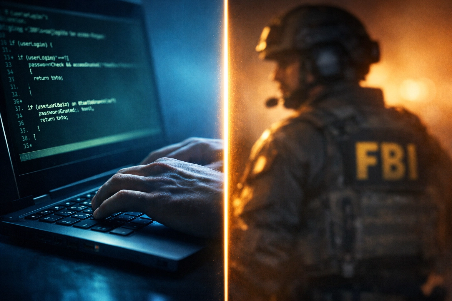 Tech worker at computer contrasted with federal enforcement representing policy tension