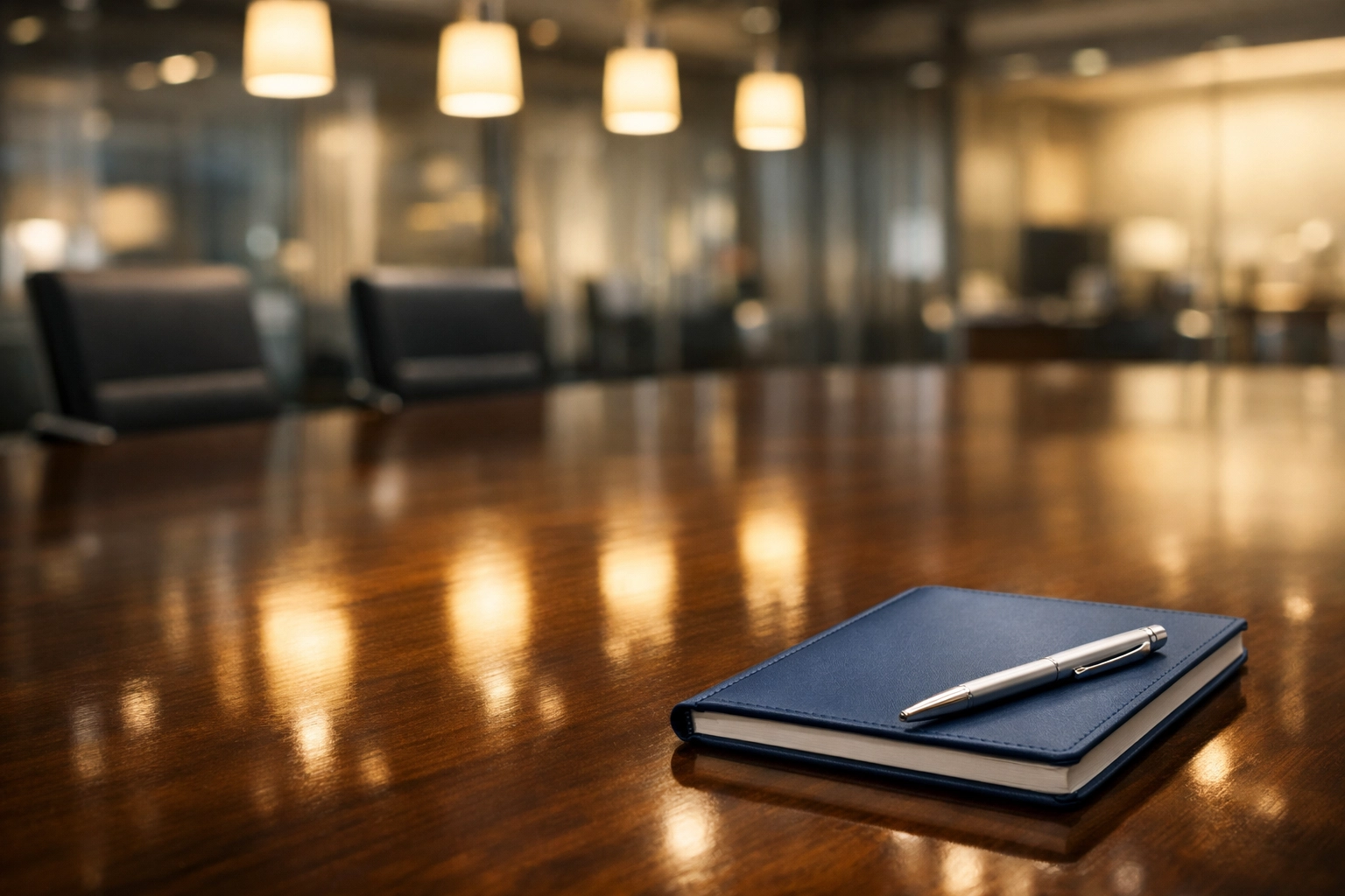 Perfectly dusted and polished boardroom table in a Palmer, MA professional office, showing attention to detail.