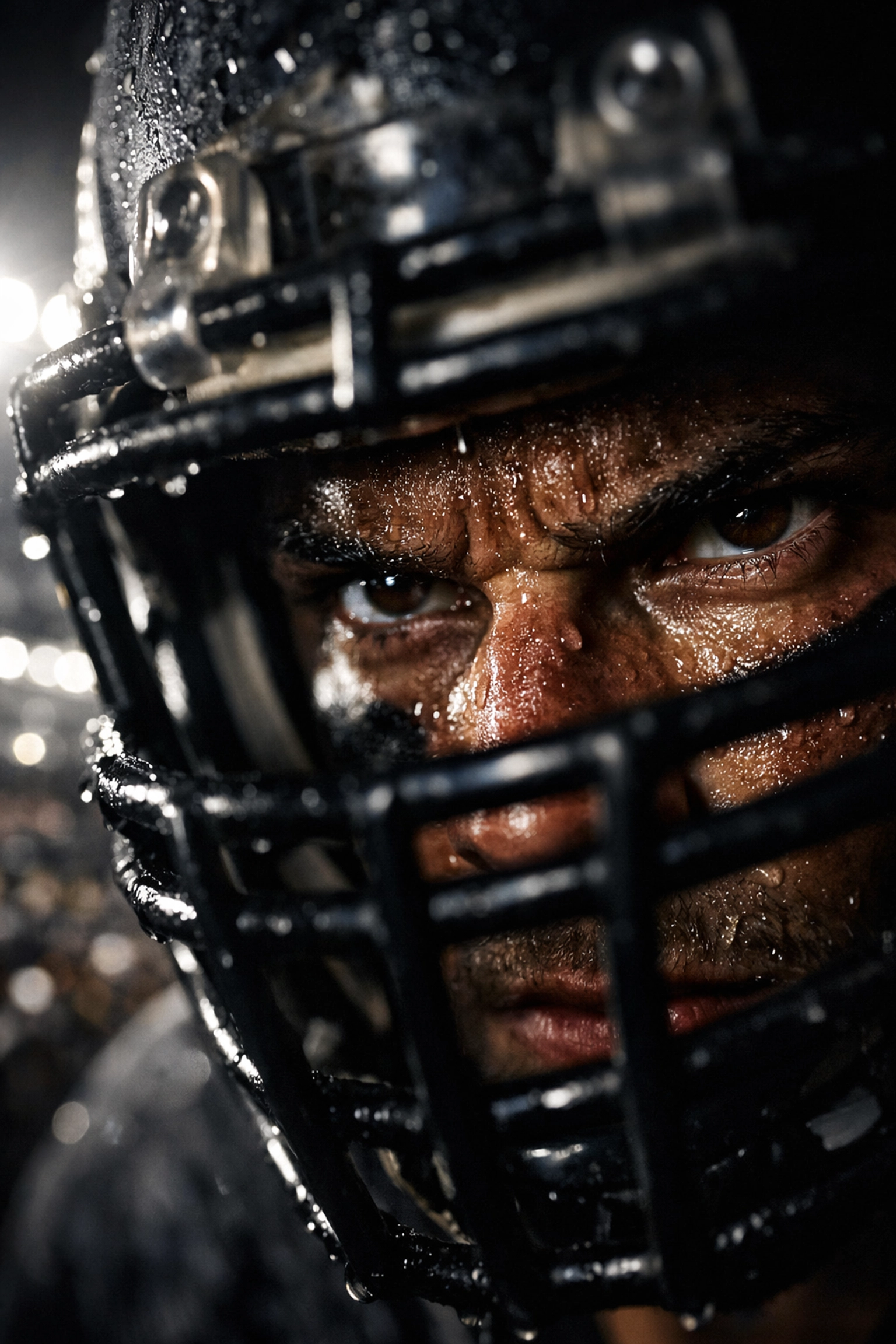 Football athlete showing intense mental focus and concentration through helmet facemask in stadium