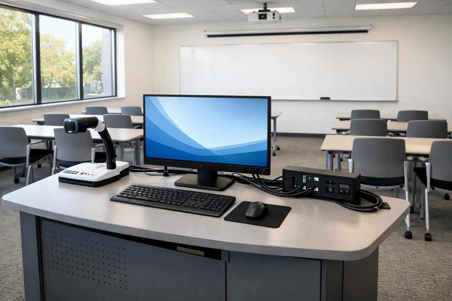 Modern teacher station with monitor and organized tech setup in a flexible classroom
