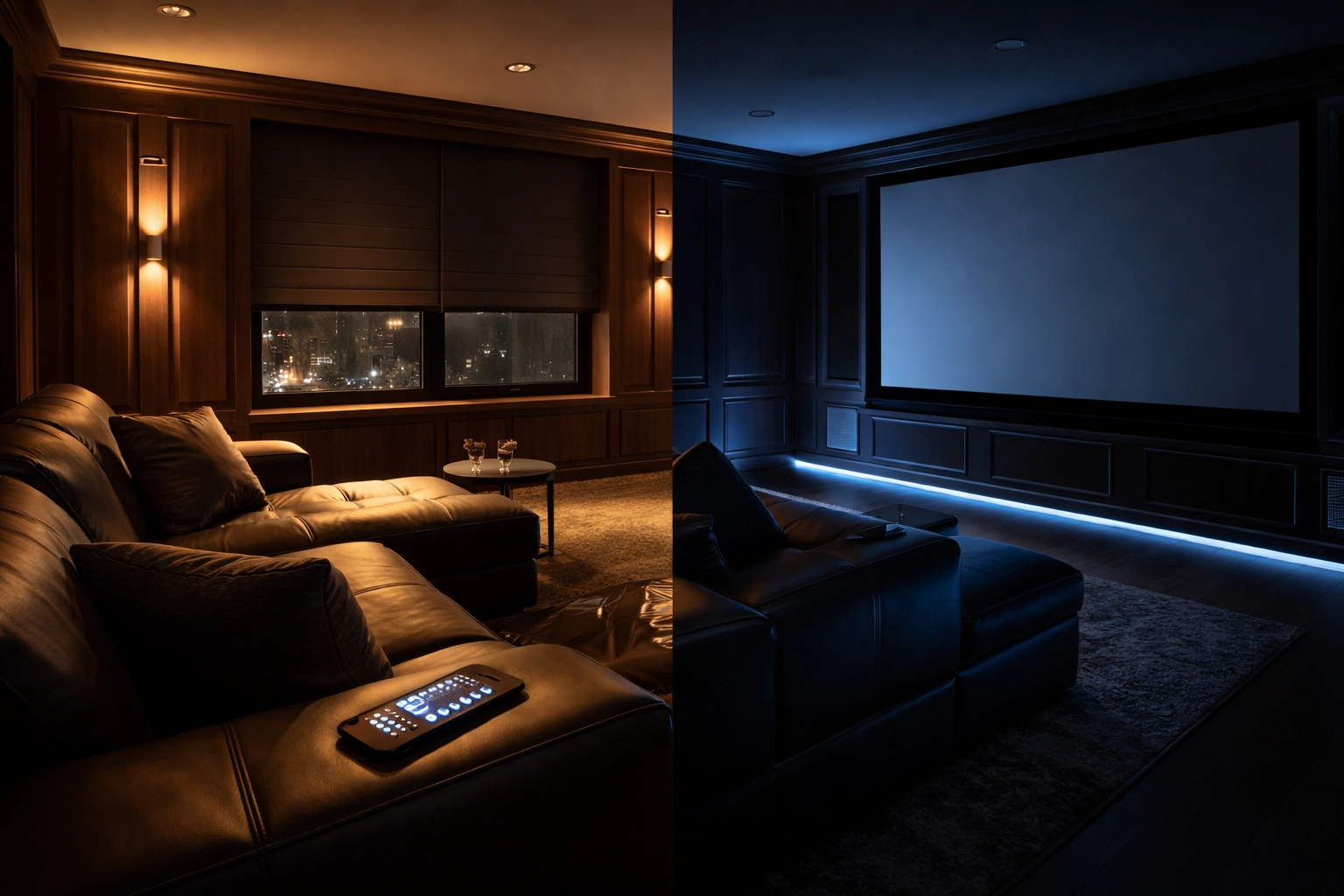 Modern home theater with smart lighting and motorized shades, showing seamless system integration and ambiance