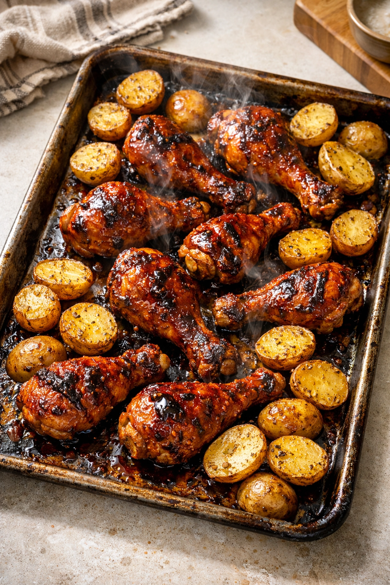 Sheet pan BBQ chicken drumsticks and roasted potatoes, an easy weeknight dinner for busy families.