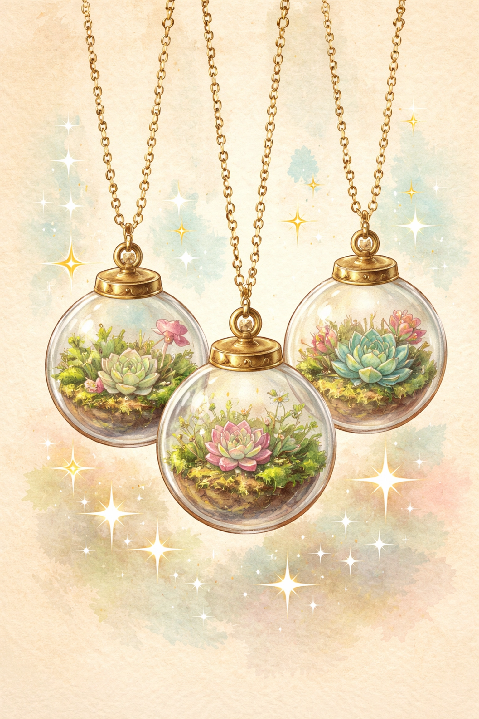 Three finished living jewelry pendants with tiny succulent terrariums hanging on chains as wearable plant accessories