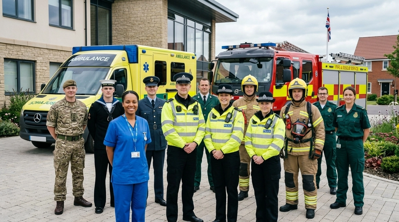 A heroic scene representing UK emergency services and armed forces