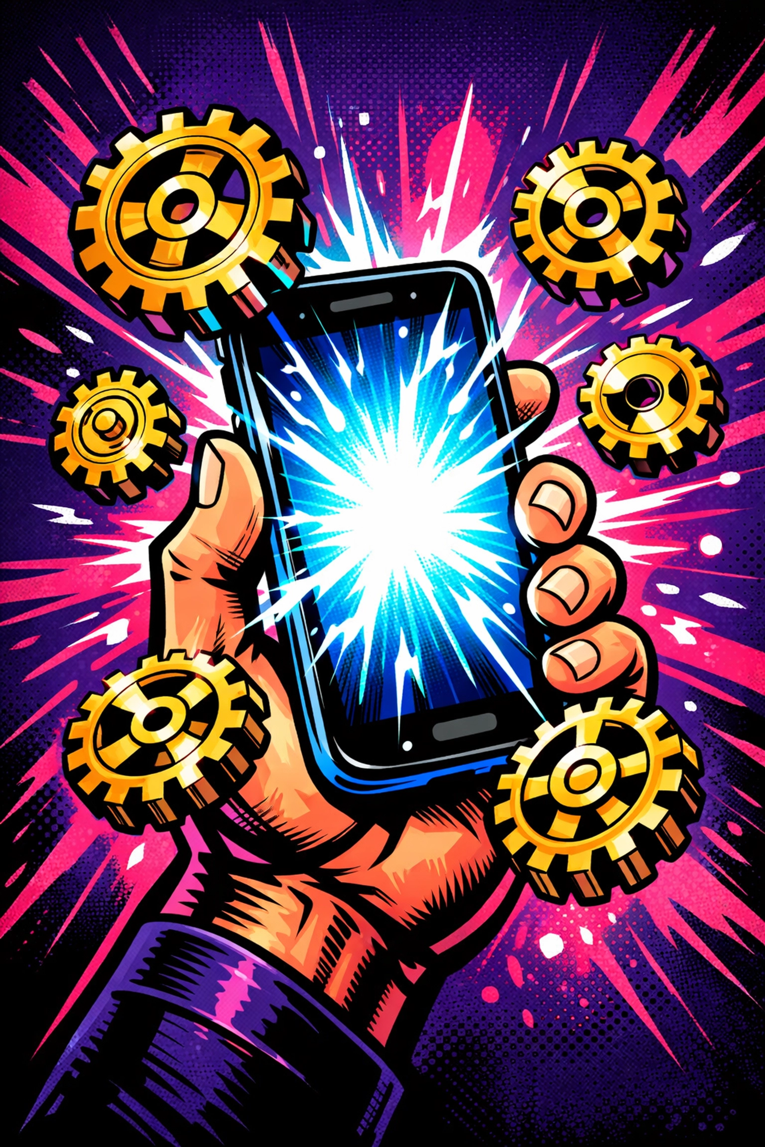 Smartphone with glowing gears representing seamless business automation and admin efficiency.