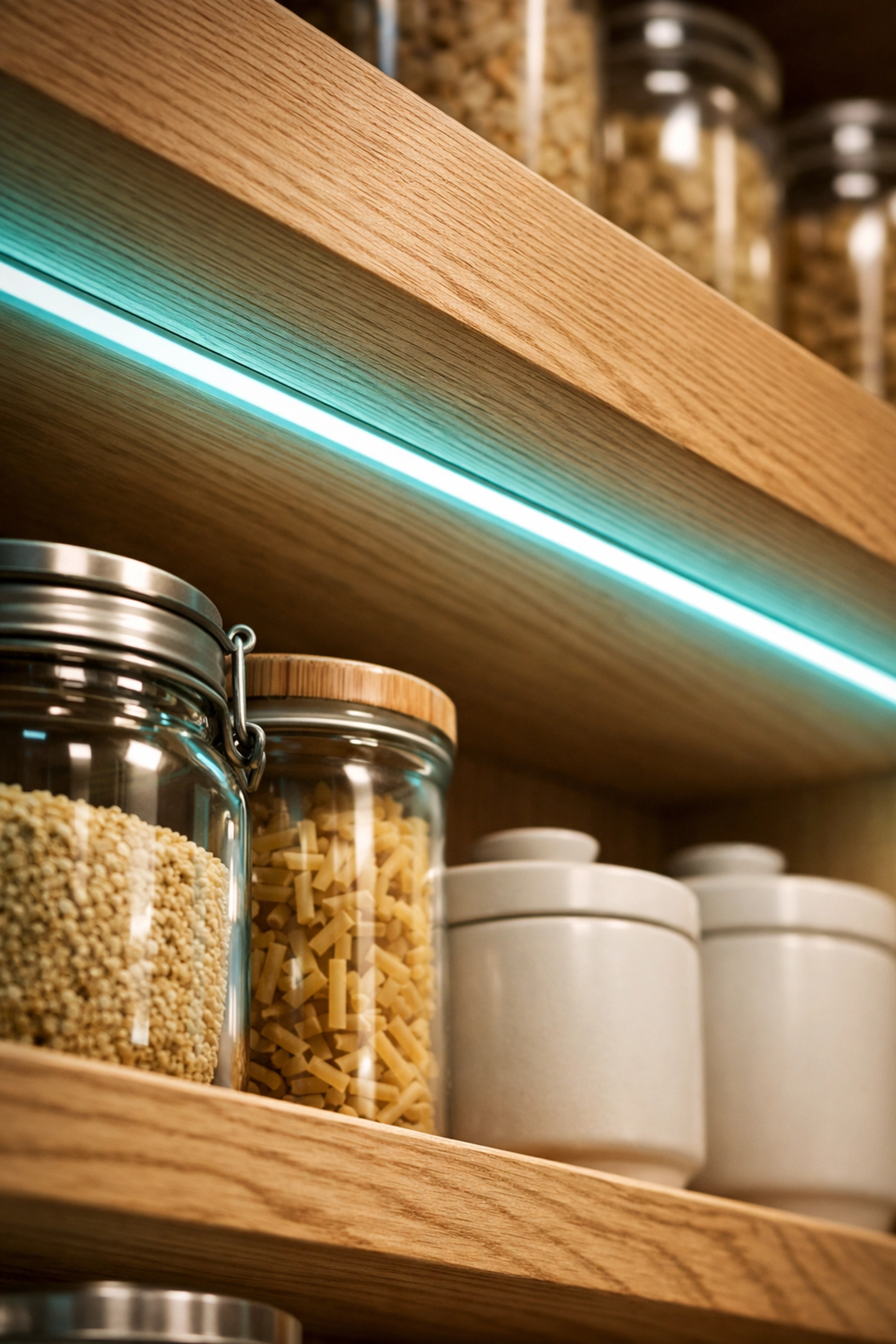 Organized pantry shelving with integrated LED lighting for a functional Saskatoon home renovation.