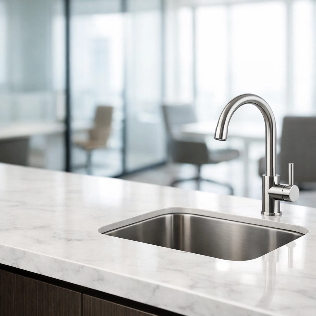 A clean and organized high-end office kitchenette reflecting professional janitorial standards.