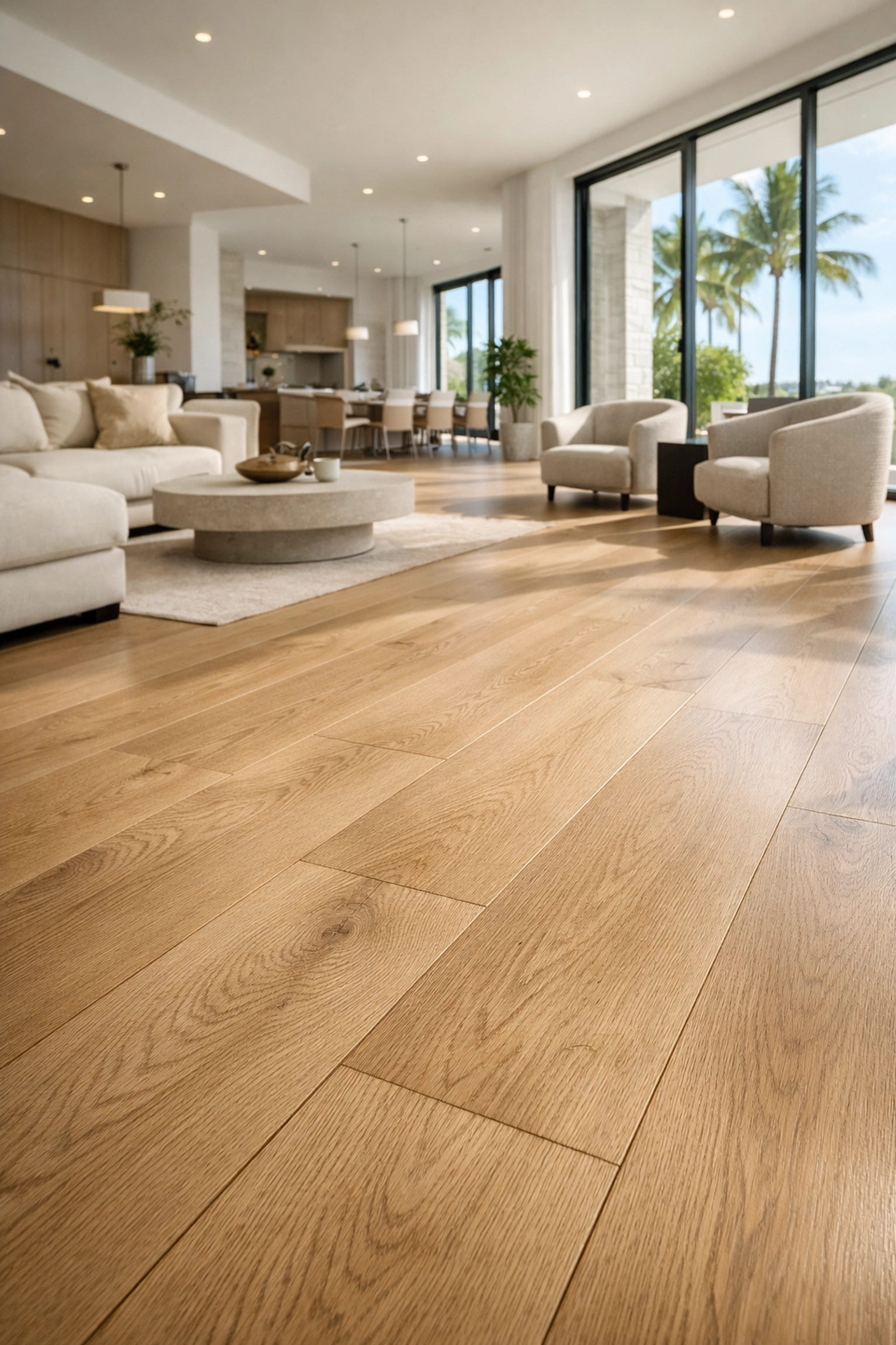 Spacious living room featuring wide-plank light oak flooring renovation in Orlando.