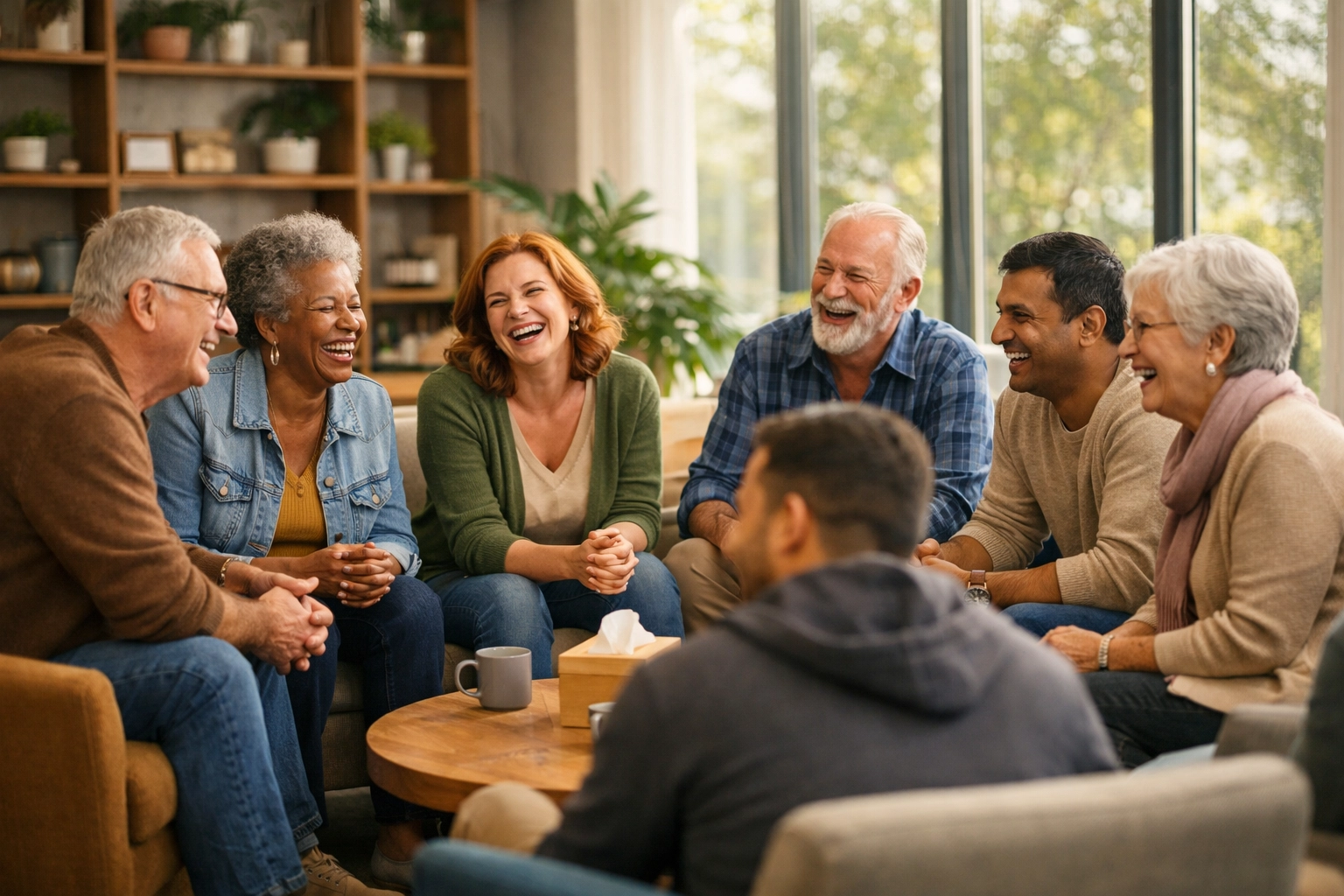 A diverse Christian community group meeting in a bright room to share life and encourage one another.