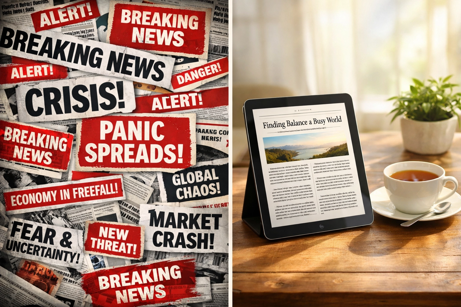 Contrast between chaotic news headlines and calm, intentional news reading with tea