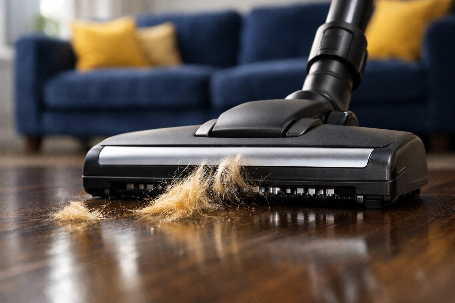 Professional Worcester house cleaning equipment removing pet hair from polished hardwood floors.