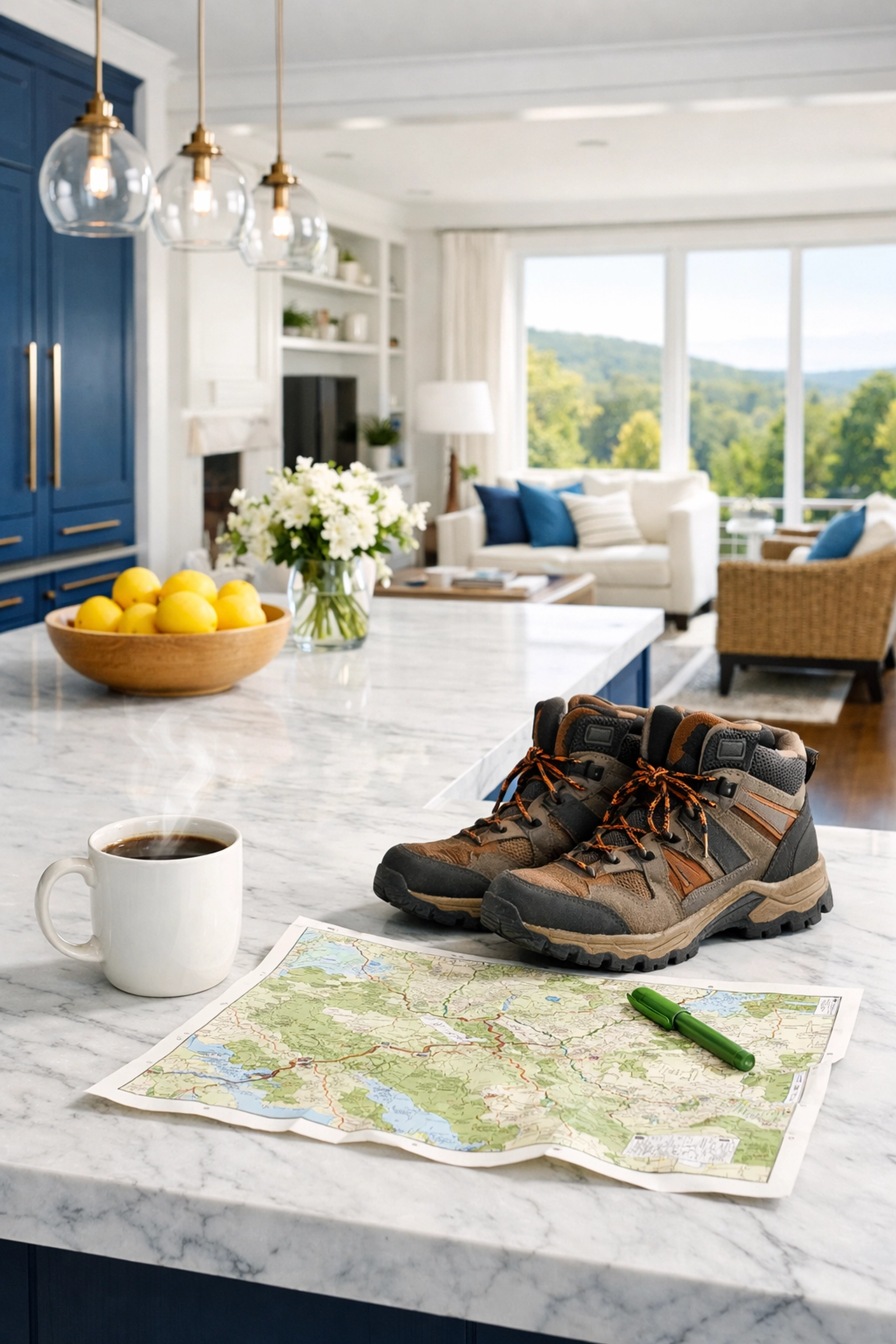 Clean MA kitchen with hiking gear, highlighting time saved by using professional house cleaning services MA.