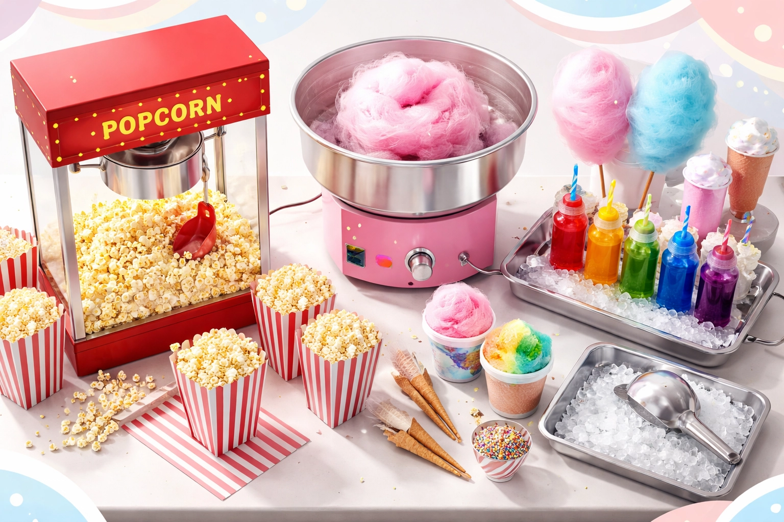 Concession stand with popcorn, cotton candy, and snow cones at a church or nonprofit festival food booth