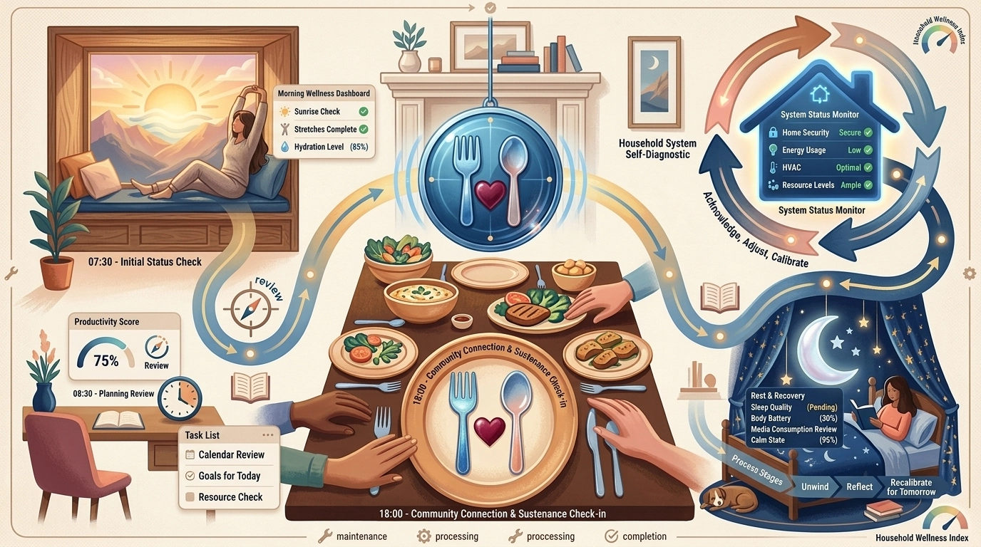 Household Reset: A vibrant, high-fidelity, dynamic illustration representing a calm, systematic check-in process
