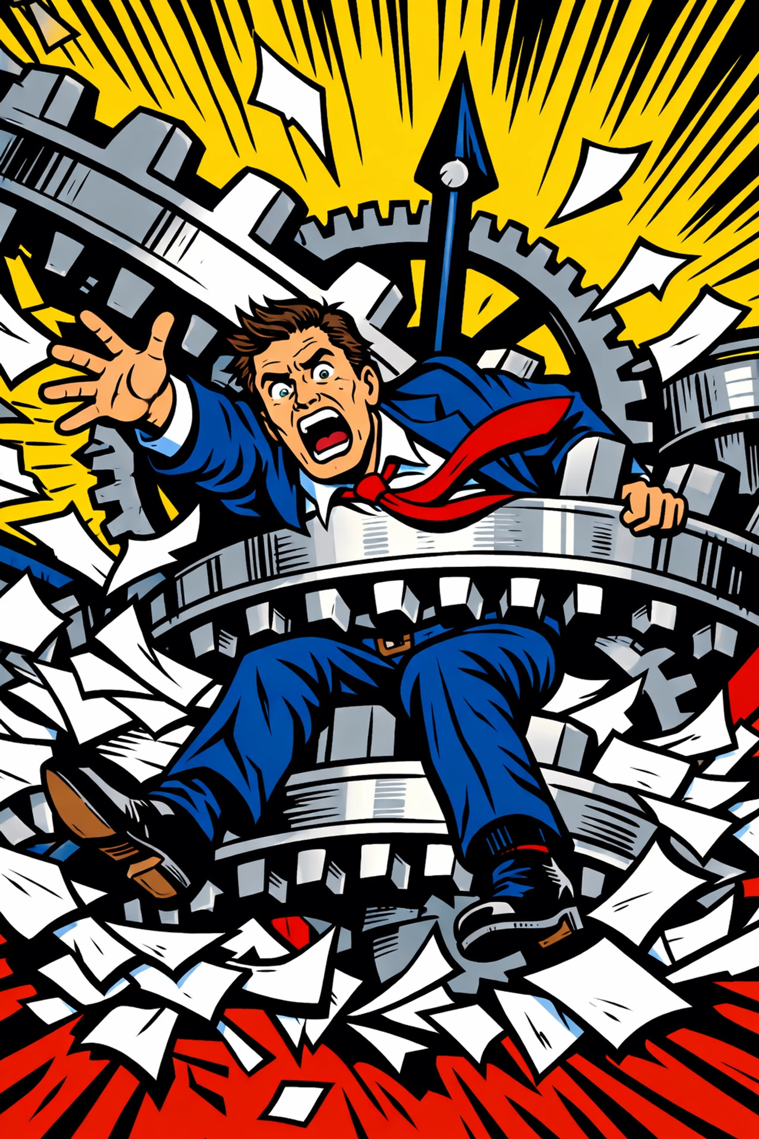 Overwhelmed business owner trapped in gears representing manual busy work and lack of workflow automation.