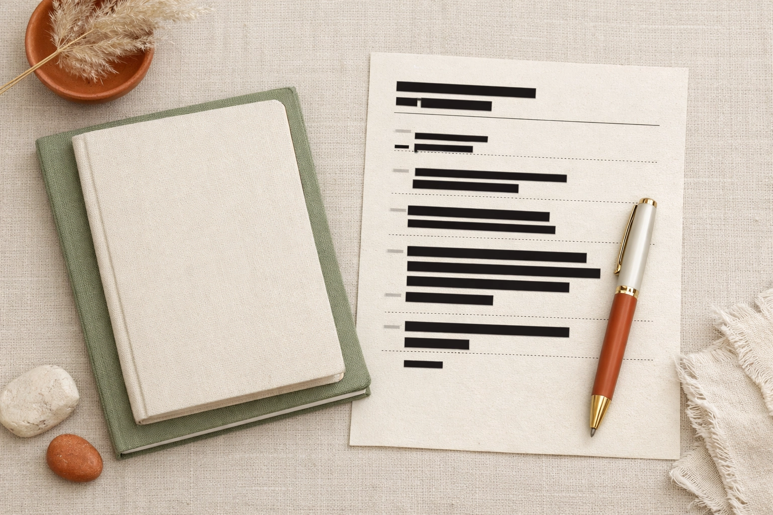 Two notebooks and a printed communication log with blank lines on a Business Boho desk in sage, terracotta, and cream tones