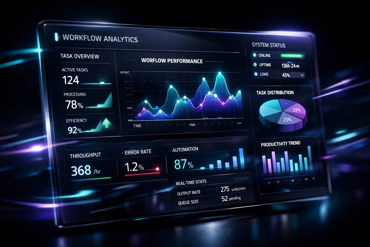Real-time workflow automation dashboard displaying performance metrics and analytics