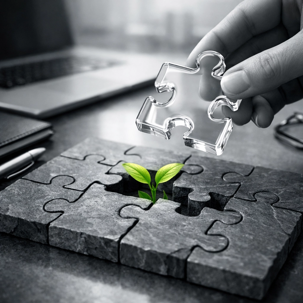 Green sprout in a puzzle symbolizing scaling mission-driven impact and intentional organizational culture.