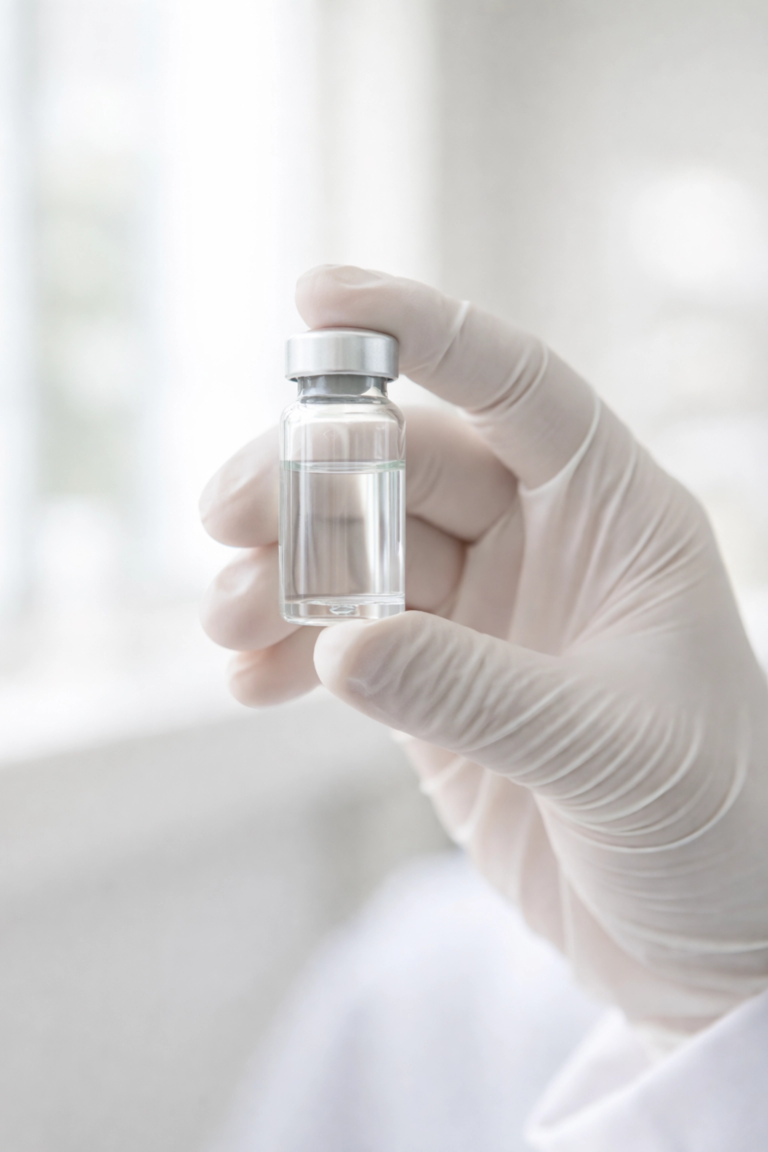 Close-up of a doctor's gloved hands holding a vial of polynucleotides serum at Bella Medica Aesthetics in Lancashire