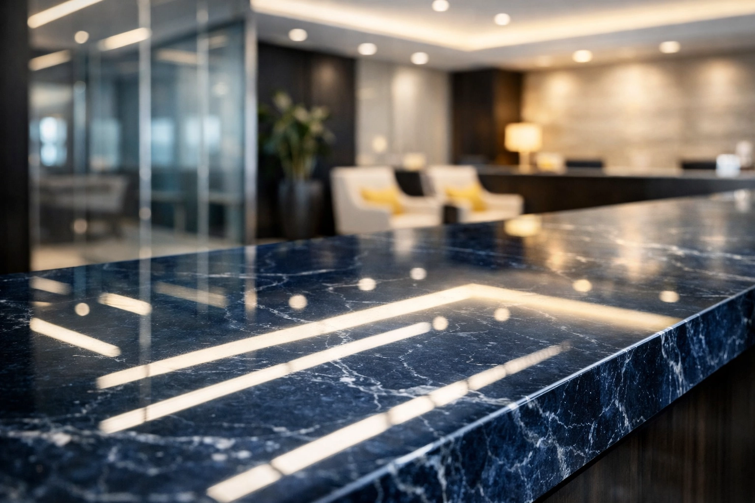 Polished marble reception desk in a South Shore lobby showing detailed janitorial services.