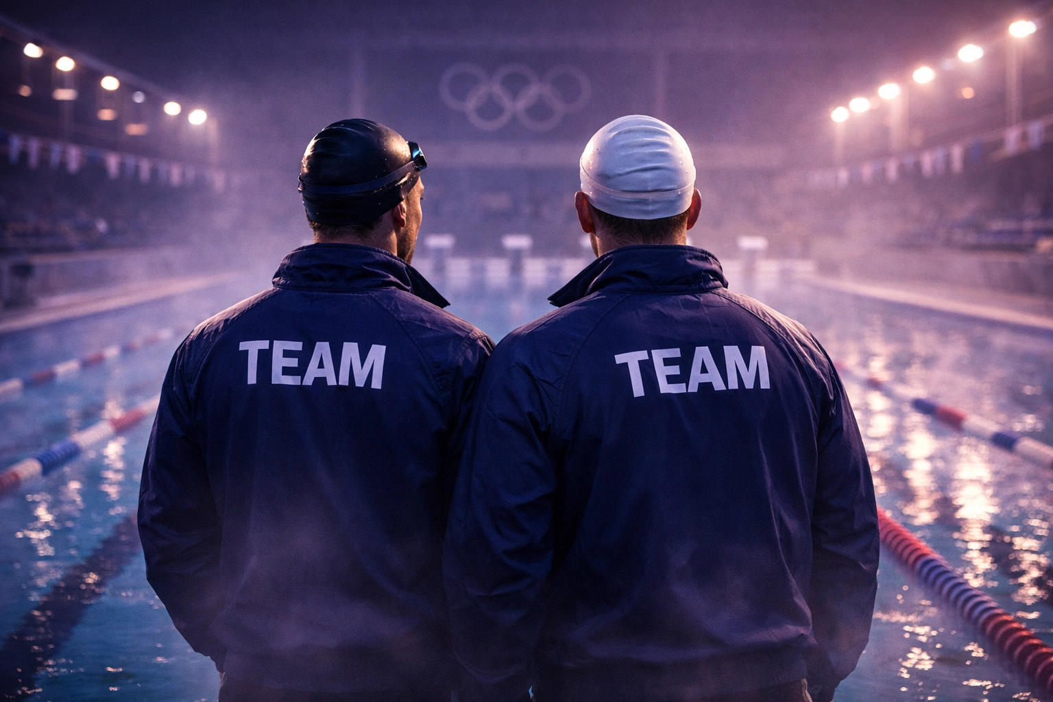 Male swimmers standing together on Olympic pool deck, teammates facing competition as partners