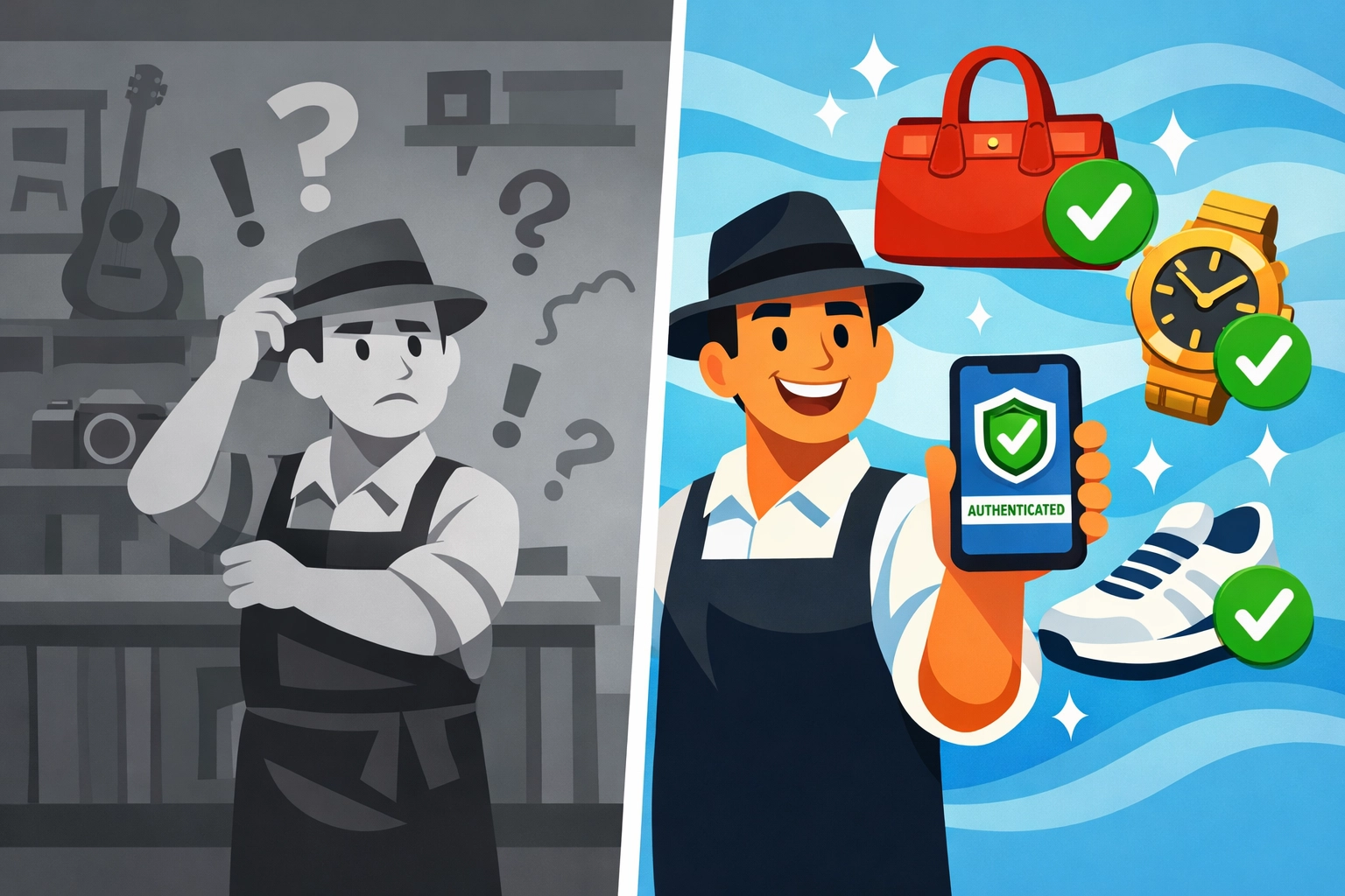 Pawn shop owner using authentication app to verify luxury items with confidence