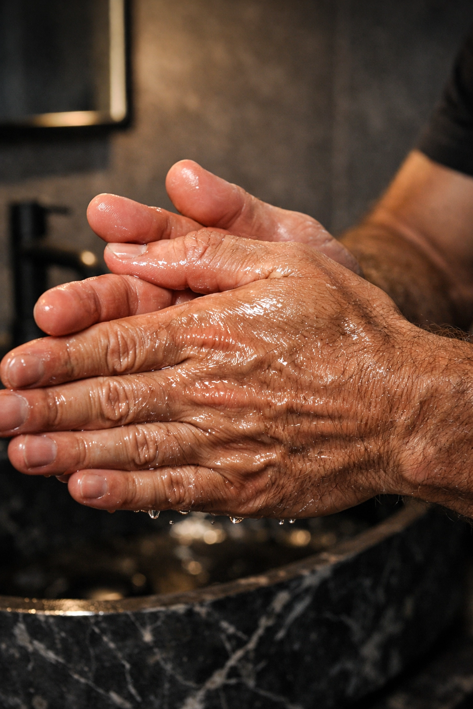 A man applying beard butter by melting the creamy formula between his palms for deep conditioning.