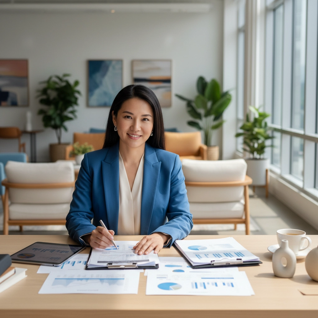 A smiling female financial advisor in a blue blazer sitting at a desk with organized charts, data reports, and a tablet in a bright, modern office.