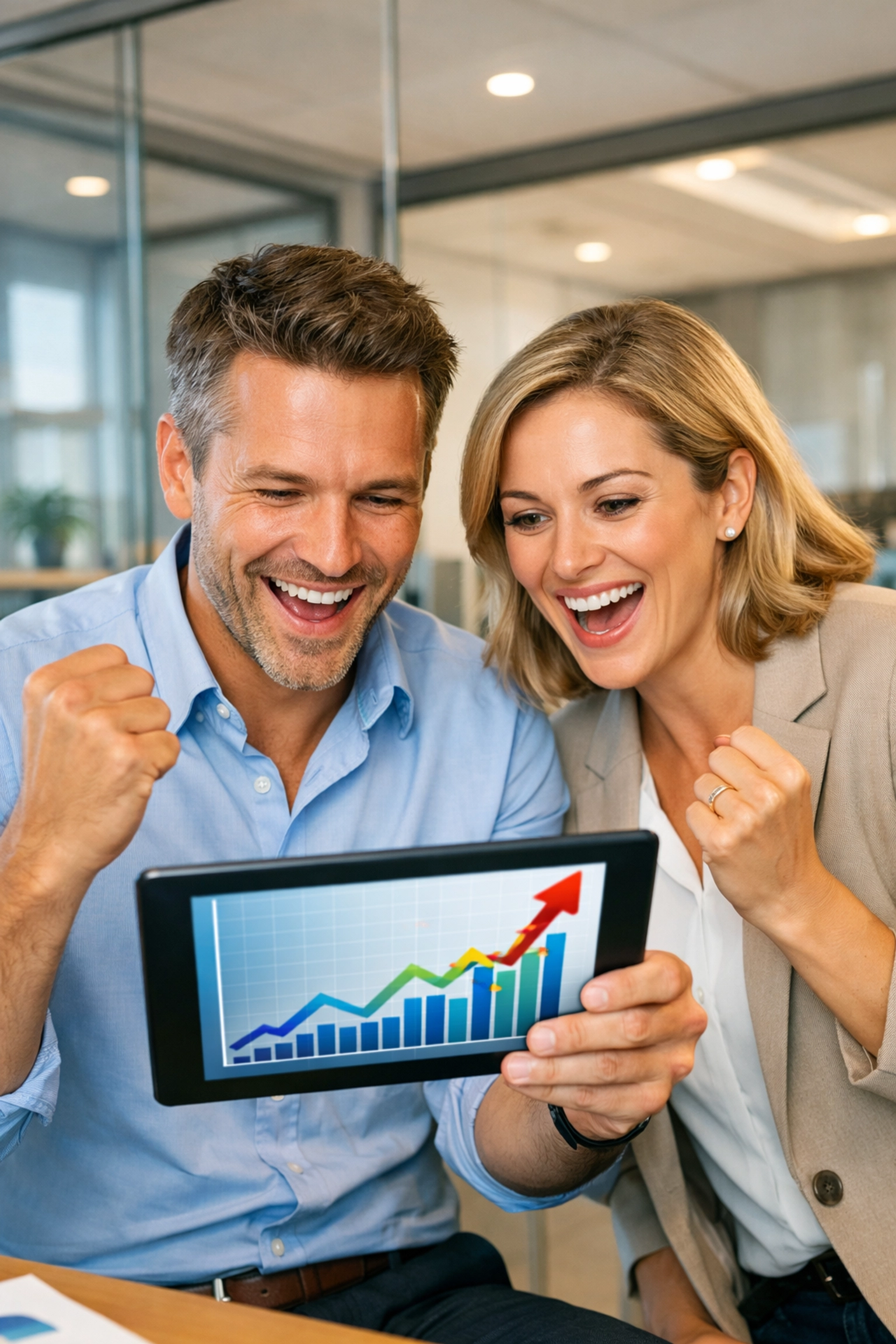 Professionals analyzing positive ServiceNow ROI and ITOM performance metrics on a tablet in a modern office.