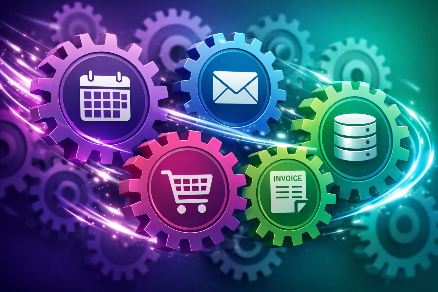 Connected gears representing integrated workflow automation across multiple business processes