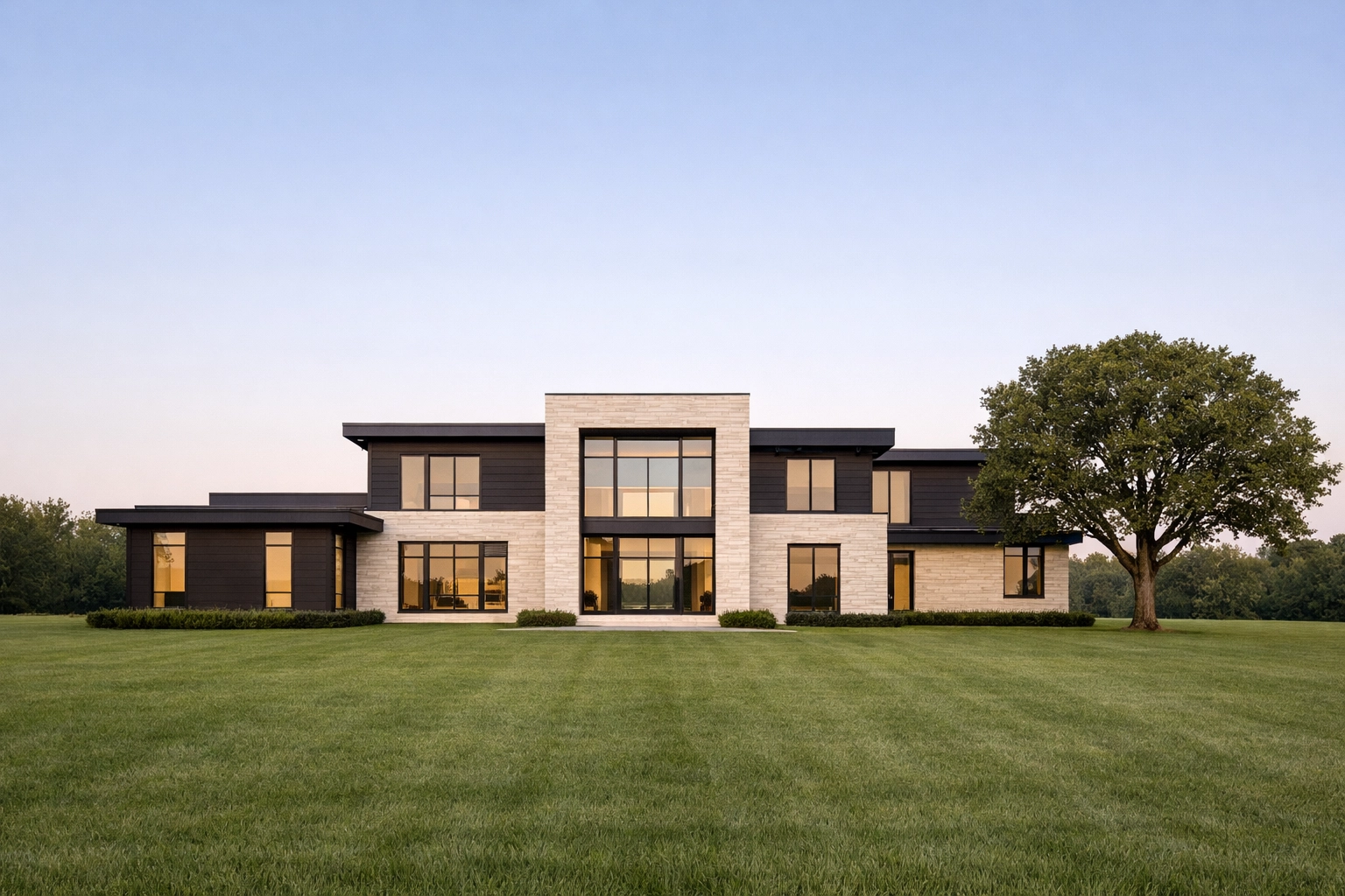Modern luxury estate in Hudson, Ohio featuring contemporary stone and wood exterior design.