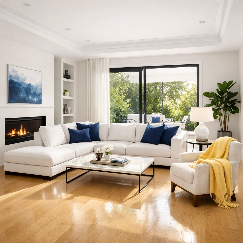 Clean and organized living room in an Acton home featuring a white sofa and polished hardwood floors.