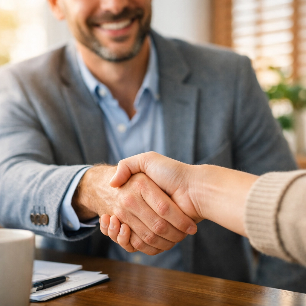 Professional handshake between a mortgage broker and client representing a successful partnership.