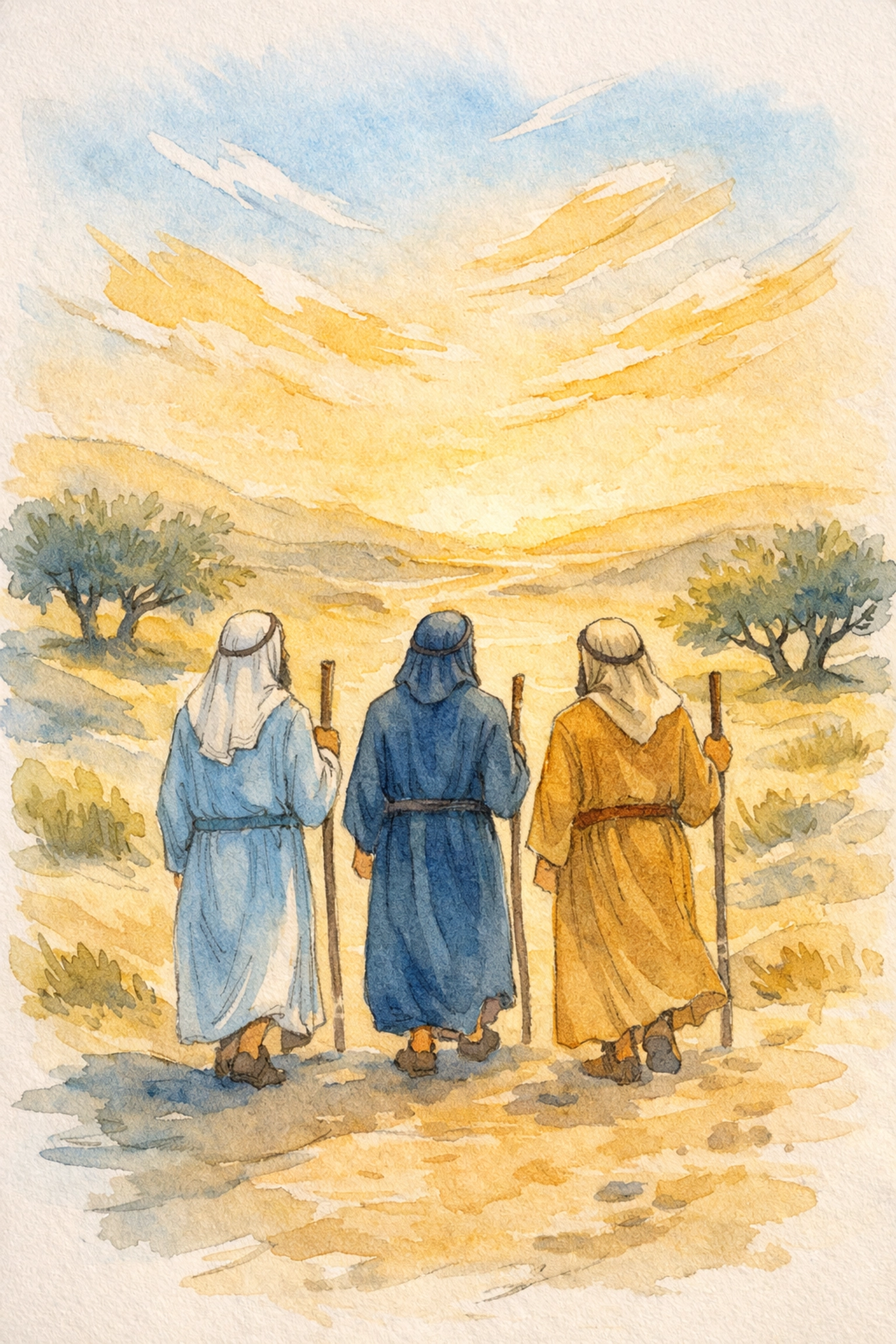 Three biblical disciples walking together on a journey, representing quiet faithful service in the early church