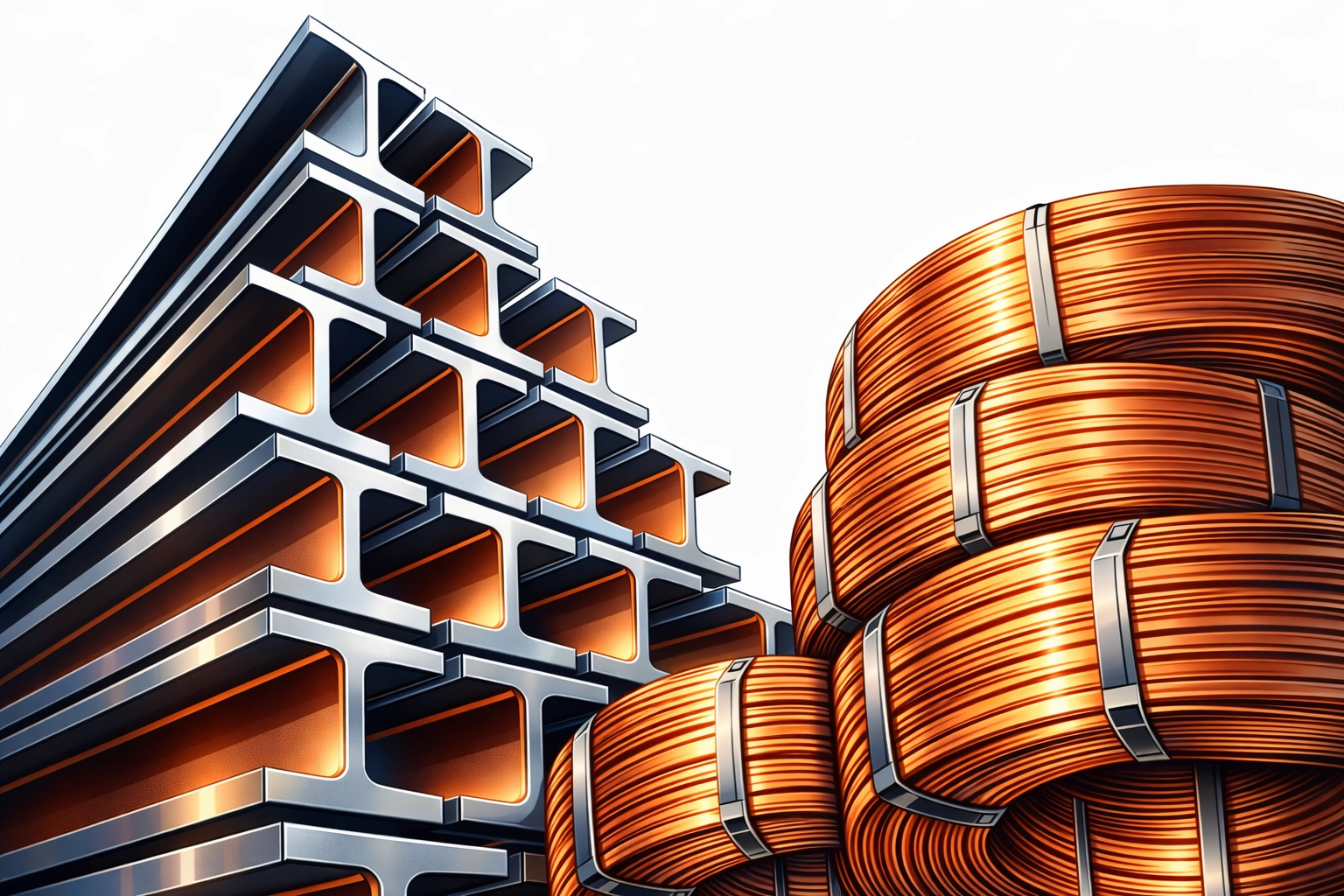 Grayscale illustration of stacked steel I-beams and copper wiring representing industrial material costs.