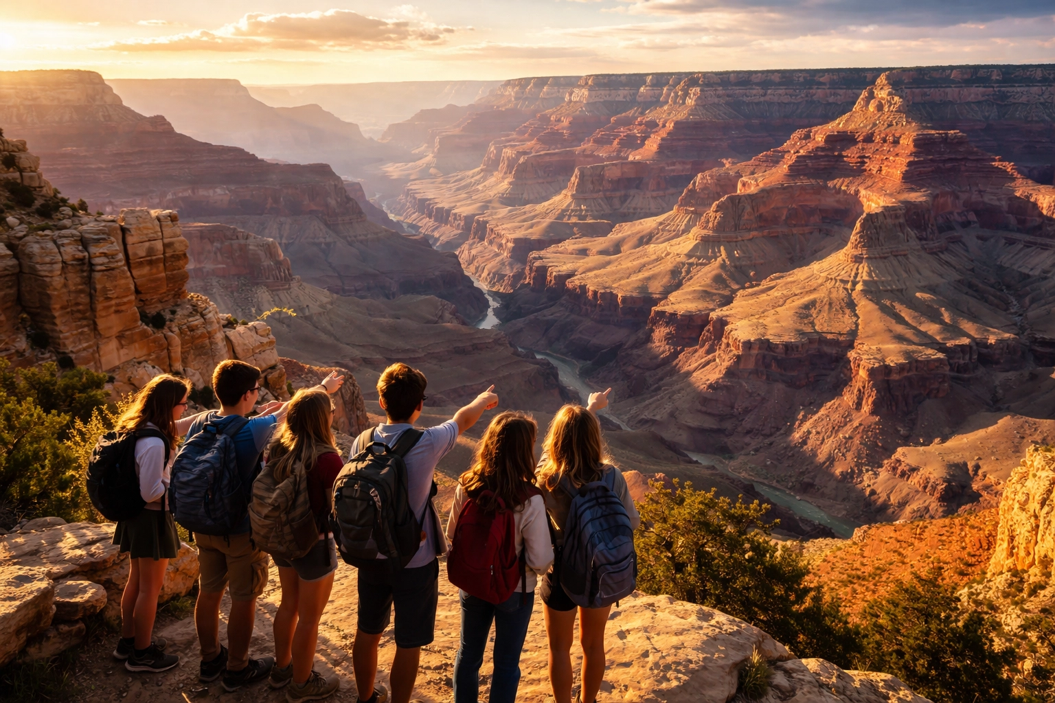 Students at the Grand Canyon viewing layered rock formations, learning geological history firsthand at sunset.