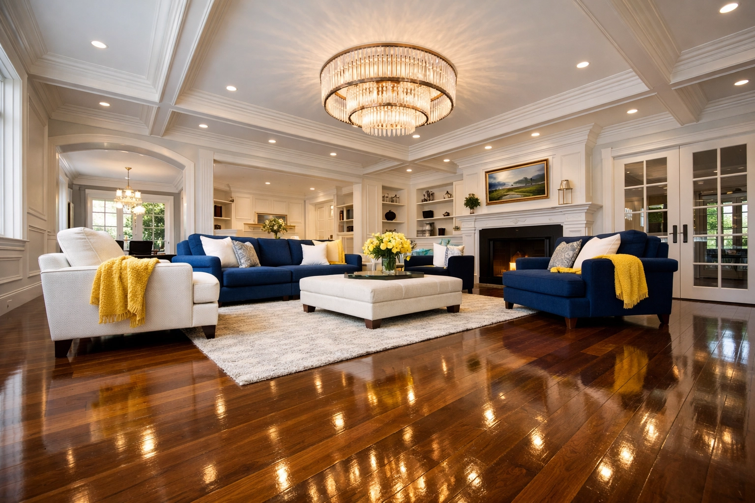 Clean luxury living room with hardwood floors maintained by a house cleaning Lowell MA expert.