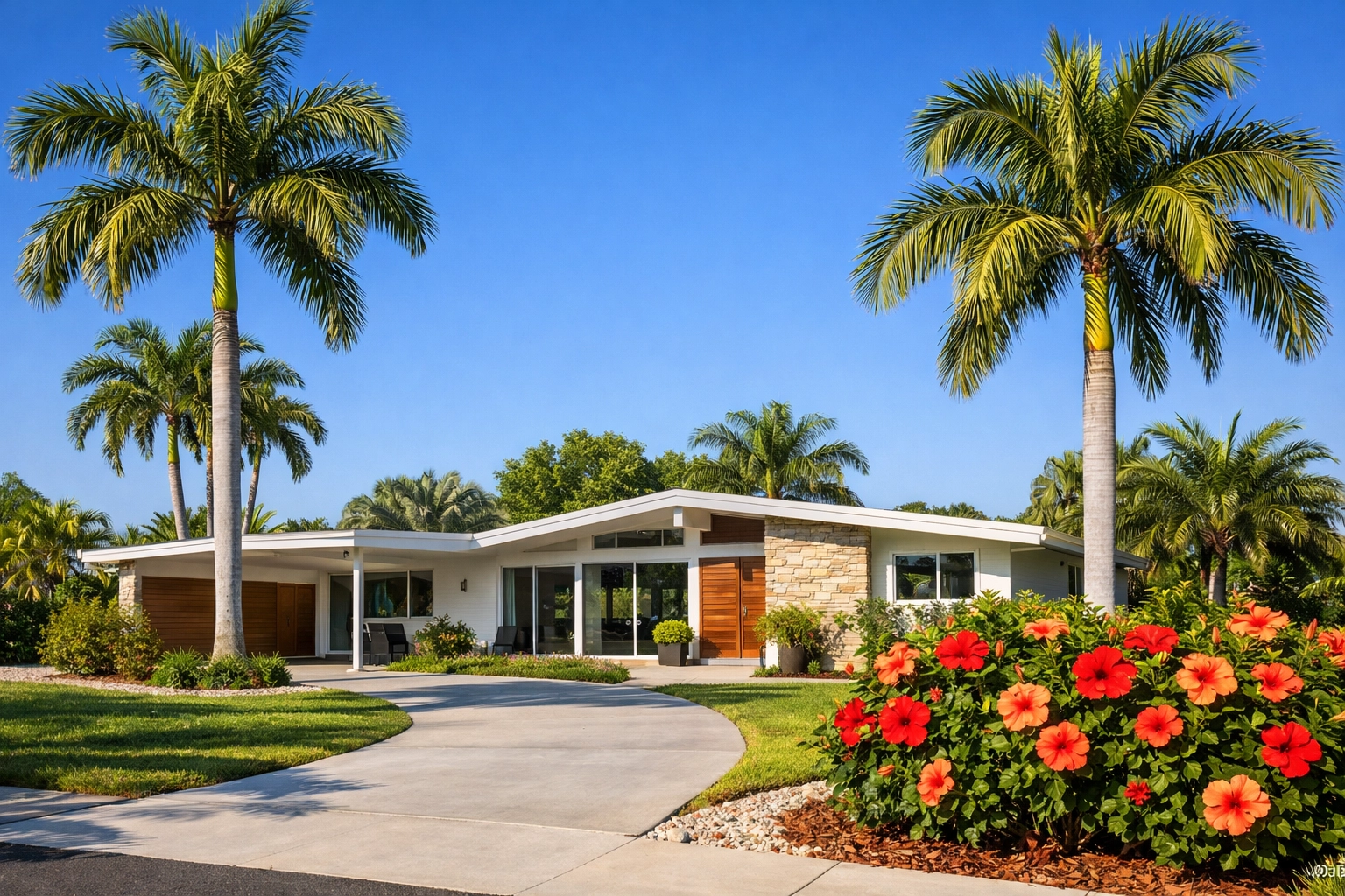 Established mid-century modern home in the Southeast quadrant of Cape Coral with tropical landscaping.