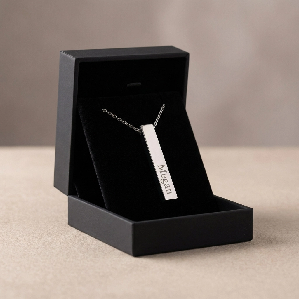 Vertical Bar Pendant Necklace — Megan in gift box