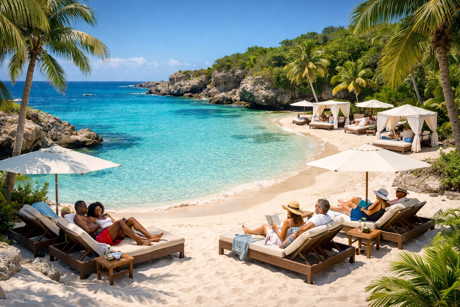 Private beach takeover for lifestyle cruise guests with luxury cabanas and loungers