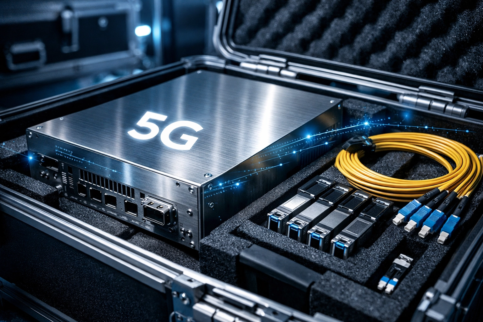 Specialized telecommunications logistics equipment being prepared for international shipping at a modern facility.