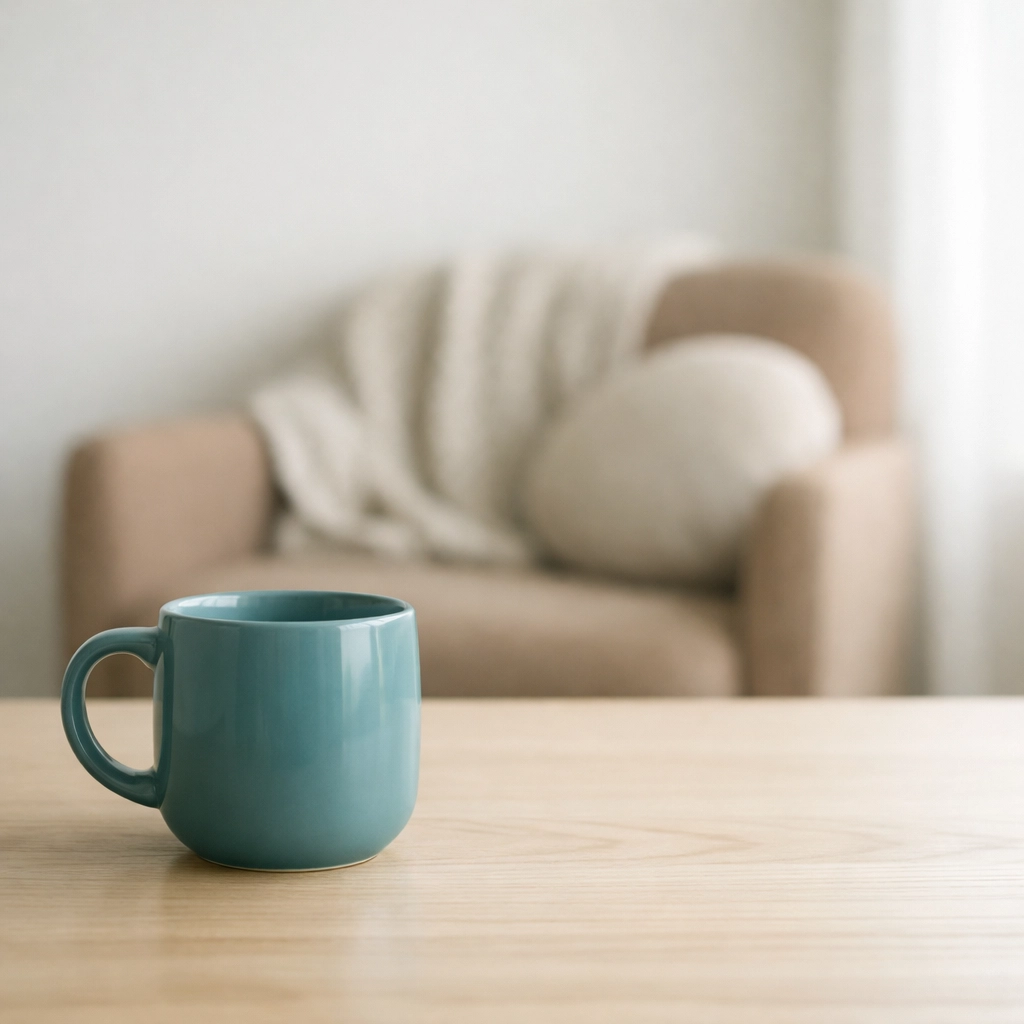 A calm, minimalist therapy space with a cozy chair and teal mug, ideal for addressing high-functioning anxiety.