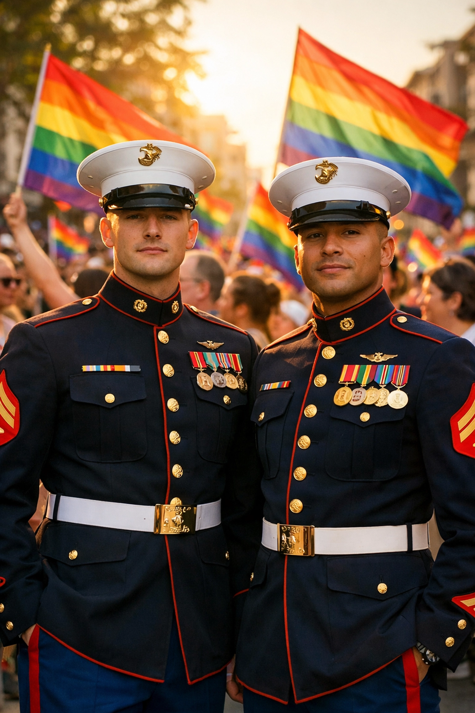 Two gay Marines in dress blue uniforms at Pride parade with rainbow flags