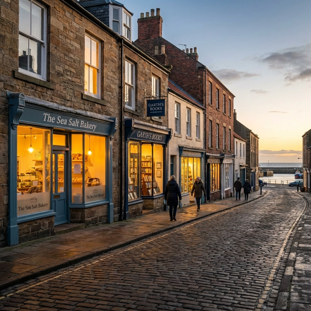 North East England high street with independent shops at sunset, highlighting thriving local businesses