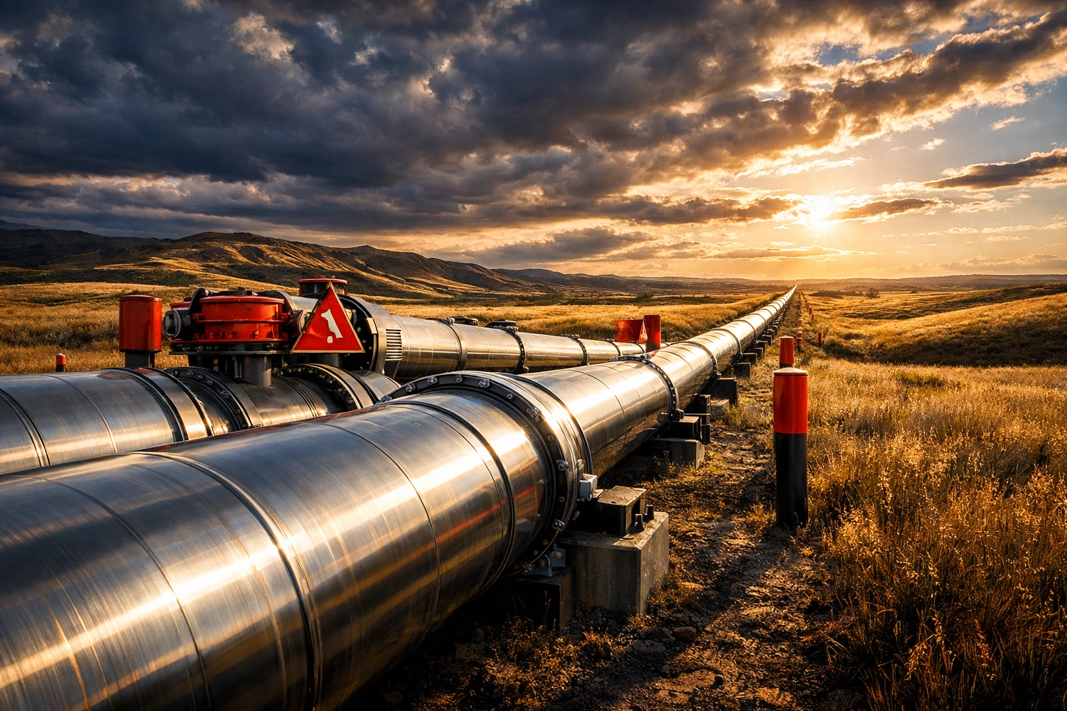 Industrial pipeline infrastructure across Alberta prairie landscape supporting federal energy agreement