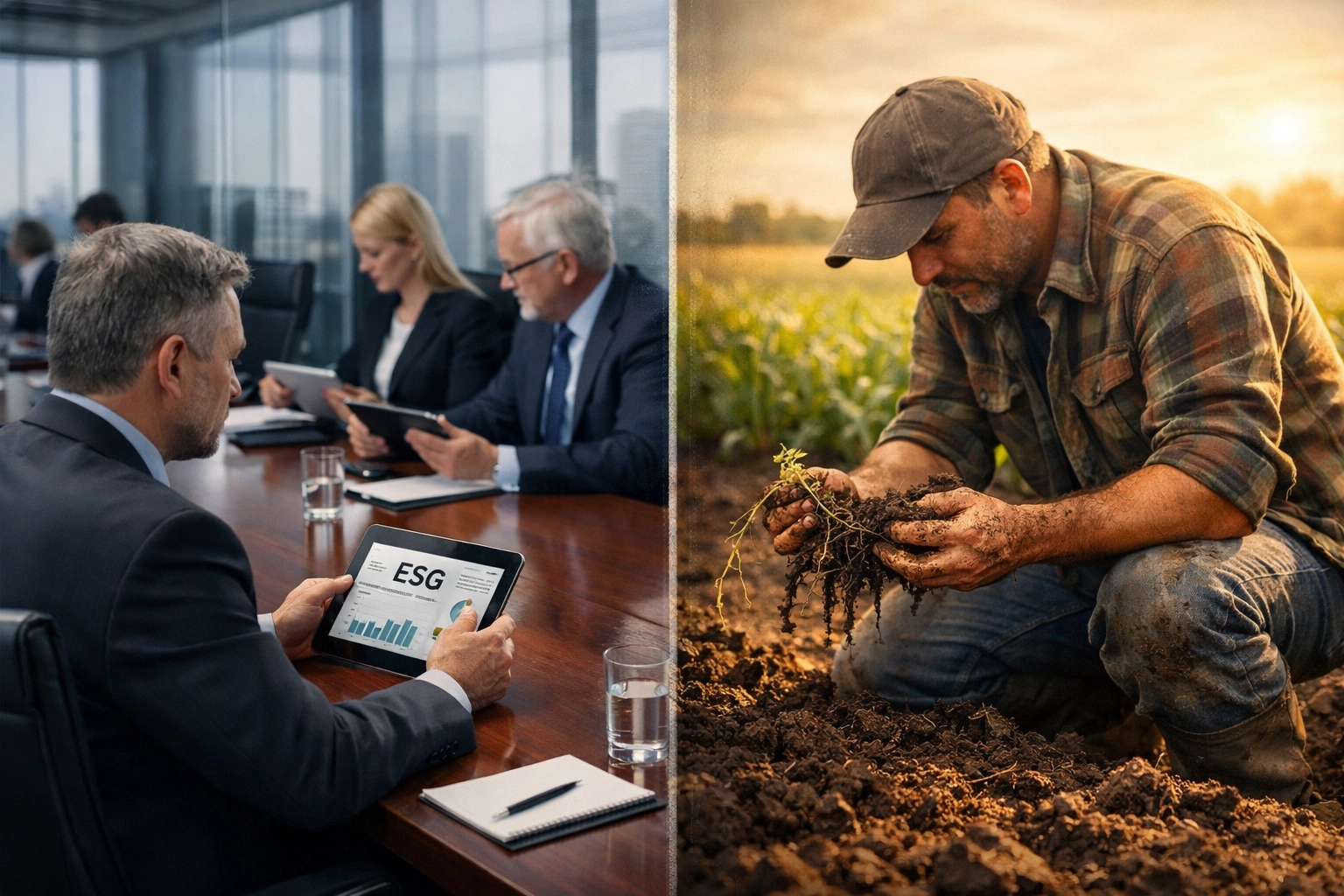 Boardroom executives reviewing ESG strategy contrasted with farmer working in soil
