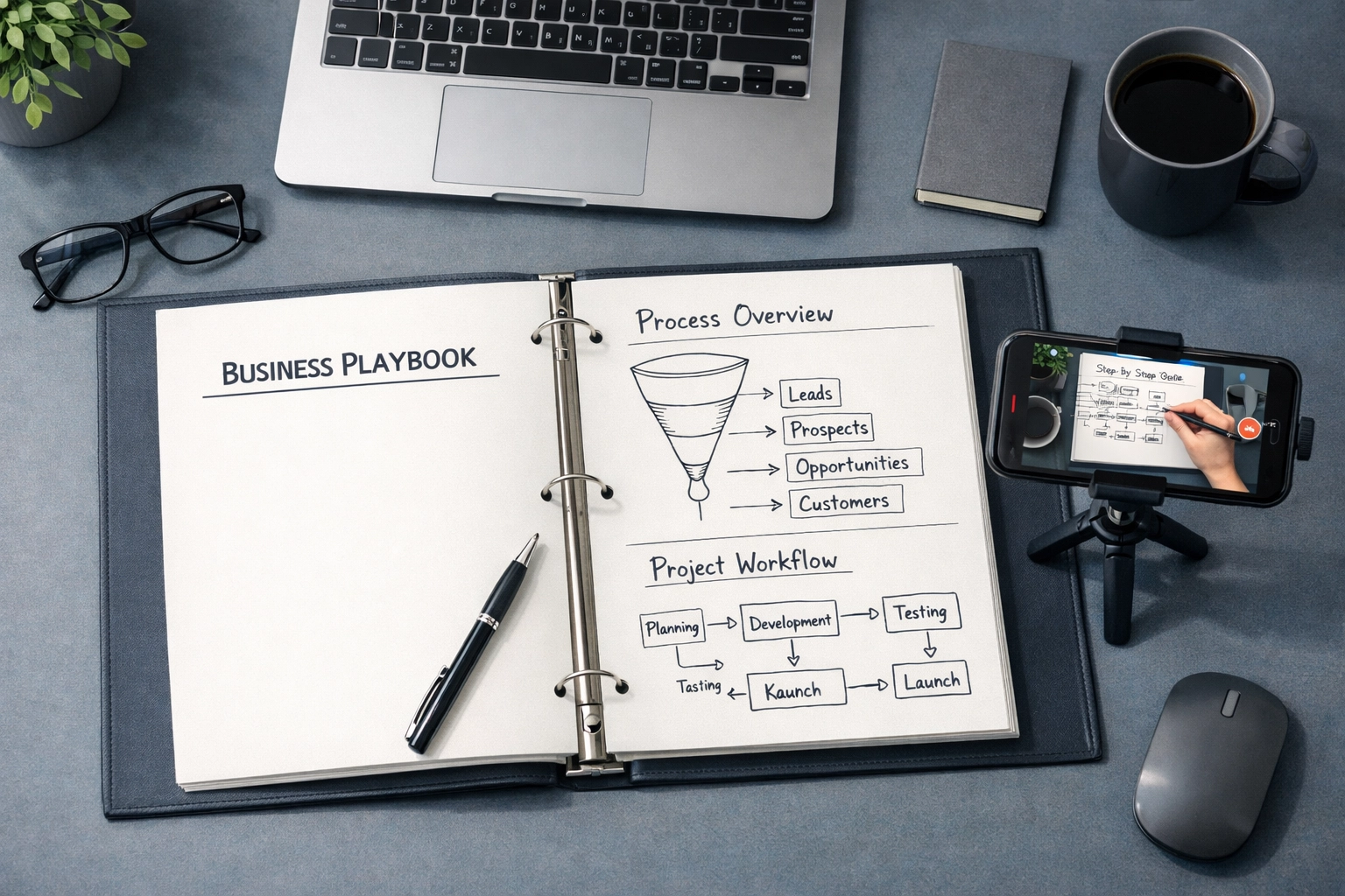 Business operations playbook with process documentation and workflow charts for scaling mid-sized companies