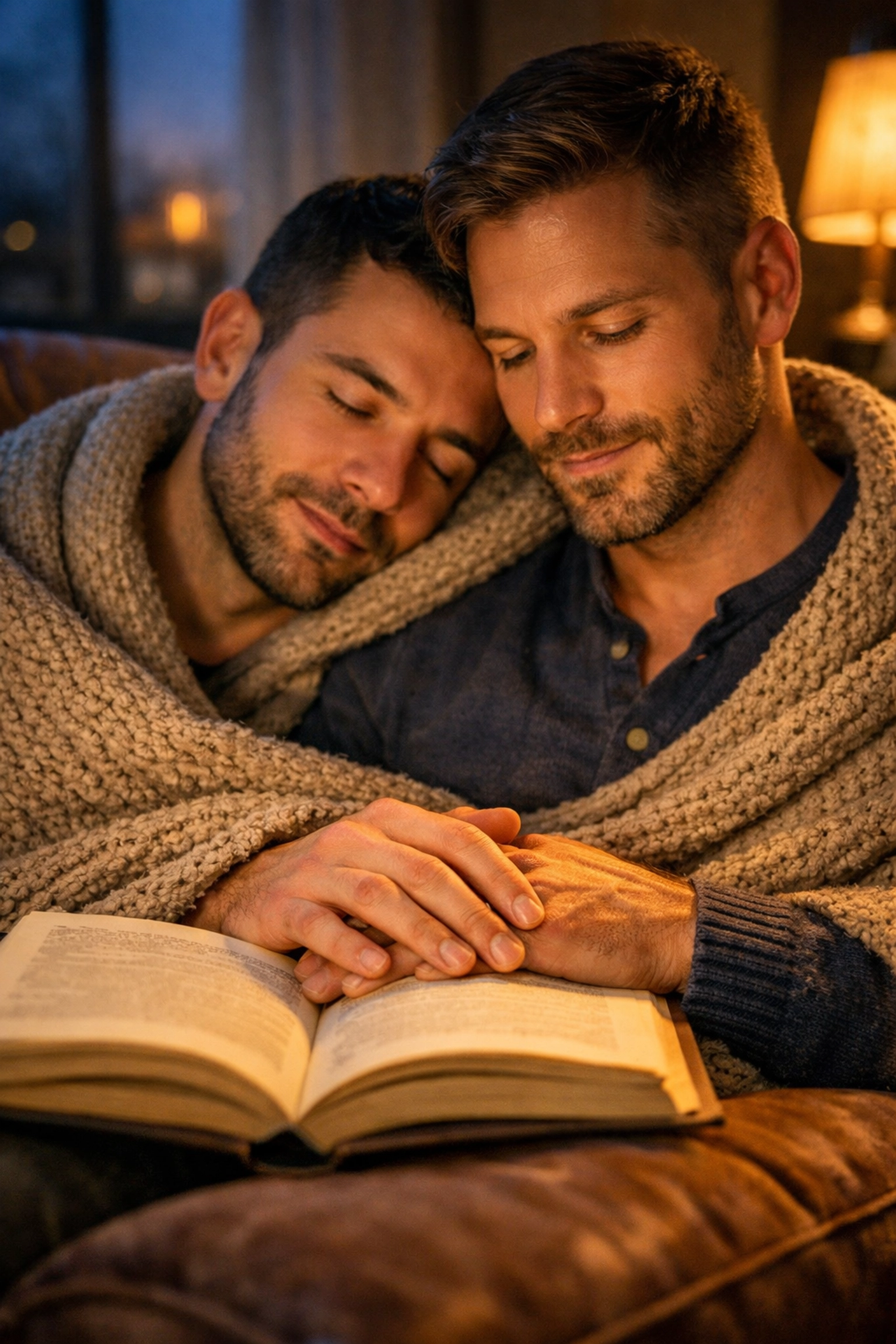 A gay couple cuddling while reading MM romance books for comfort and queer healing.