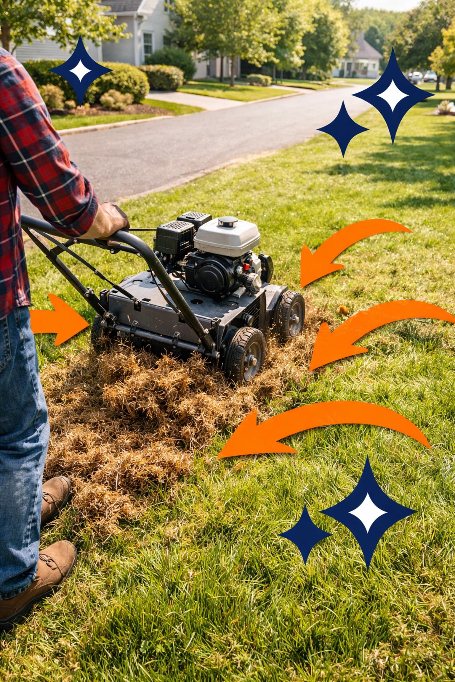 Man operating a power rake to remove thatch from a suburban lawn in Woburn.